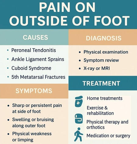 Pain On Outside Of Foot Infographic: Causes, symptoms, diagnosis and treatment of outer foot pain Pain On Outside Of Foot Infographic: Causes, symptoms, diagnosis and treatment of outer foot pain