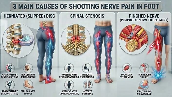 Shooting Nerve Pain In Foot: Herniated disc, spinal stenosis and a pinched nerve can all cause shooting pain in foot